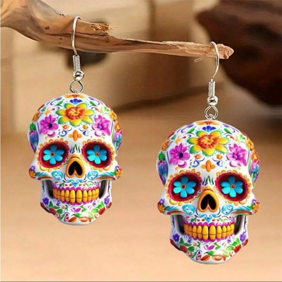 Day of The Dead Skull Earrings, Sugar Skull Earrings, Halloween Earrings - Picture 2 of 3